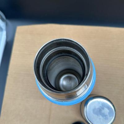 Vintage Thermos Pair – Blue “Bench Warmer” Vacuum Bottle & Stanley Steel Thermos w/ Cups