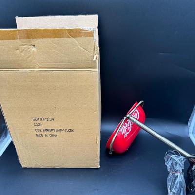 Coca-Cola Licensed Banker’s Desk Lamp – Red Glass Shade – New in Box (Mount Needs Repair)