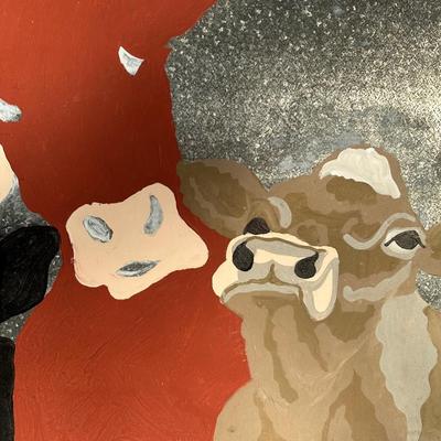 Hand-Painted Folk Art Cows on Galvanized A/C Drip Pan – Farmhouse Wall Art