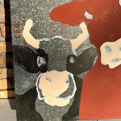 Hand-Painted Folk Art Cows on Galvanized A/C Drip Pan – Farmhouse Wall Art