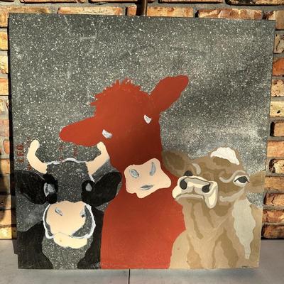 Hand-Painted Folk Art Cows on Galvanized A/C Drip Pan – Farmhouse Wall Art