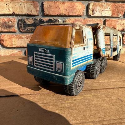Vintage Tonka Metal Car Carrier Truck & Trailer – Blue/White Stripe, Pressed Steel