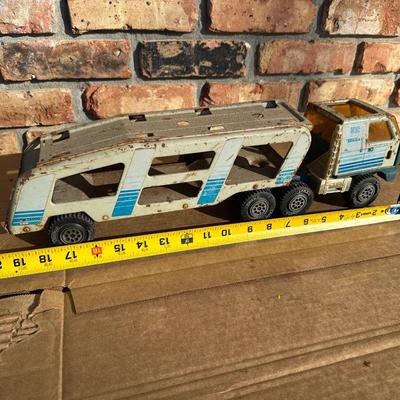 Vintage Tonka Metal Car Carrier Truck & Trailer – Blue/White Stripe, Pressed Steel
