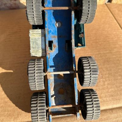 Vintage Tonka Metal Car Carrier Truck & Trailer – Blue/White Stripe, Pressed Steel