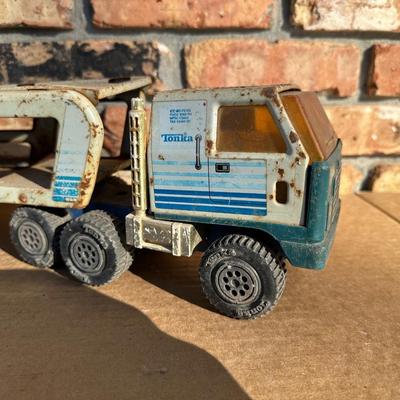 Vintage Tonka Metal Car Carrier Truck & Trailer – Blue/White Stripe, Pressed Steel