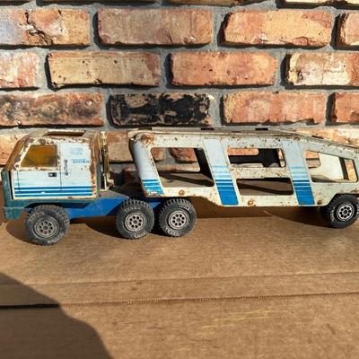 Vintage Tonka Metal Car Carrier Truck & Trailer – Blue/White Stripe, Pressed Steel