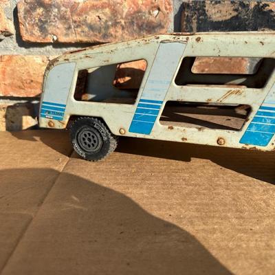 Vintage Tonka Metal Car Carrier Truck & Trailer – Blue/White Stripe, Pressed Steel