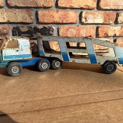 Vintage Tonka Metal Car Carrier Truck & Trailer – Blue/White Stripe, Pressed Steel