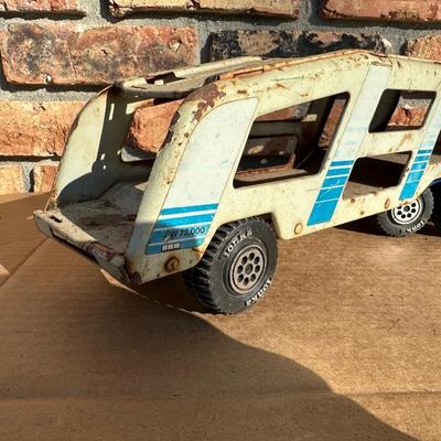 Vintage Tonka Metal Car Carrier Truck & Trailer – Blue/White Stripe, Pressed Steel