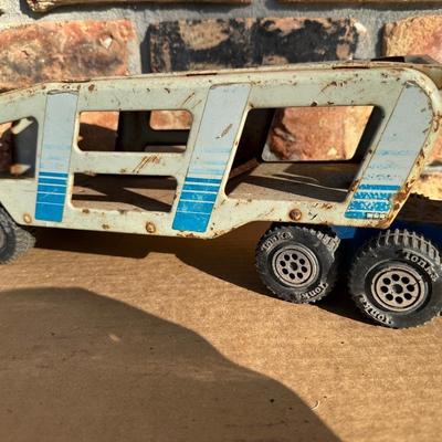 Vintage Tonka Metal Car Carrier Truck & Trailer – Blue/White Stripe, Pressed Steel