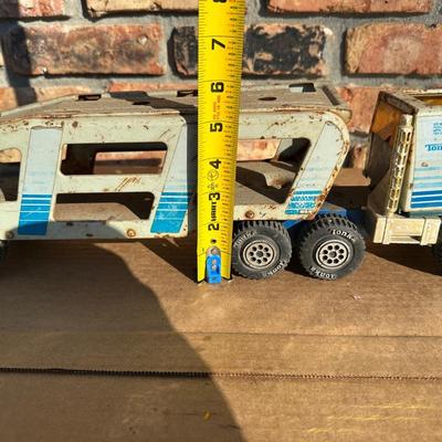 Vintage Tonka Metal Car Carrier Truck & Trailer – Blue/White Stripe, Pressed Steel