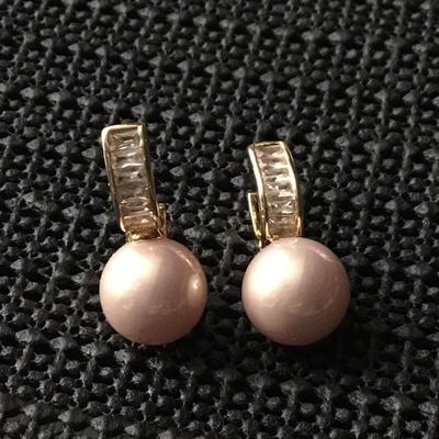 Pink freshwater pearl type drop earrings with baguette style accents