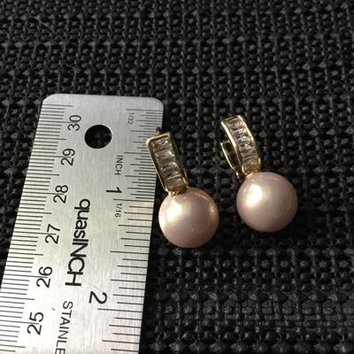 Pink freshwater pearl type drop earrings with baguette style accents