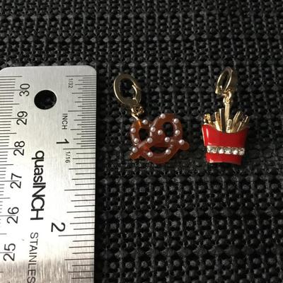 Fries and pretzels charm set in gold tone plated brass with enamel details