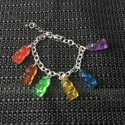 Colorful gummy bear charm silver tone bracelet