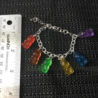 Colorful gummy bear charm silver tone bracelet