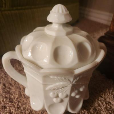 Westmoreland Milk glass canister w/cherry pattern