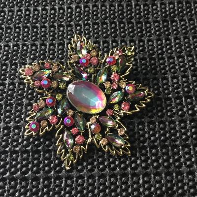 Gold tone metal flower brooch pin colorful rhinestones
