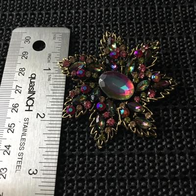 Gold tone metal flower brooch pin colorful rhinestones