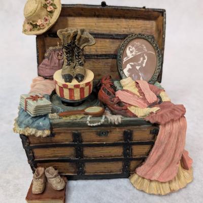 Sale Photo Thumbnail #244: Accents Trunk Music Box 
depicts items in a trunk- boots on hat box spin when melody plays