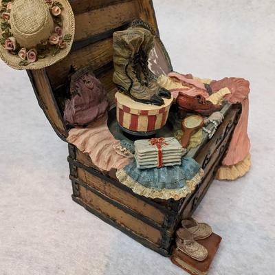 Sale Photo Thumbnail #242: Accents Trunk Music Box 
depicts items in a trunk- boots on hat box spin when melody plays
