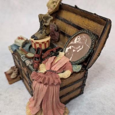 Sale Photo Thumbnail #240: Accents Trunk Music Box 
depicts items in a trunk- boots on hat box spin when melody plays