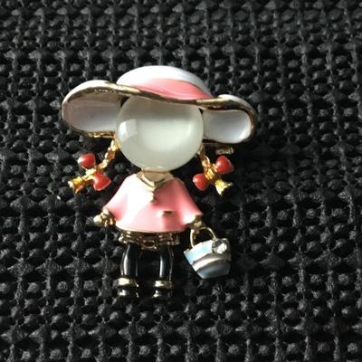 Gold tone pink enemal and opal inlaid little girl brooch pin