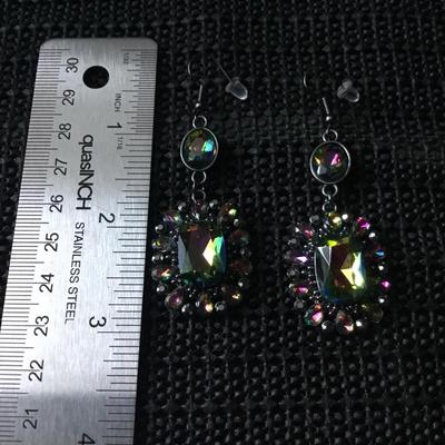 Cosmopolitan hematite and oil spill dangle earrings