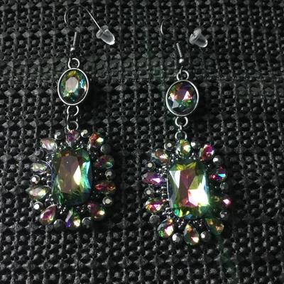 Cosmopolitan hematite and oil spill dangle earrings