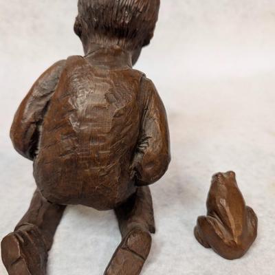 Sale Photo Thumbnail #286: Vintage Red Mill 2 pc Boy with Frog Figurine 
handcrafted from solid crushed pecan resin 
signed Somerville