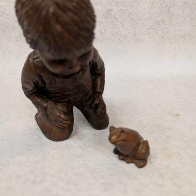 Sale Photo Thumbnail #283: Vintage Red Mill 2 pc Boy with Frog Figurine 
handcrafted from solid crushed pecan resin 
signed Somerville