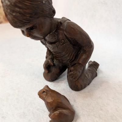 Sale Photo Thumbnail #284: Vintage Red Mill 2 pc Boy with Frog Figurine 
handcrafted from solid crushed pecan resin 
signed Somerville