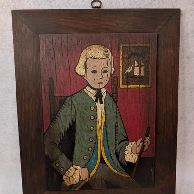 Sale Photo Thumbnail #287: Vintage Painted Folk Art Portrait Young Colonial Man painted on wood