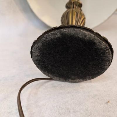 Sale Photo Thumbnail #304: Vintage Brass colored  Candlestick Lamp w/ pleated shade 
base- 4.5" wide
22" tall w/ shade
13.5" tall w/o shade