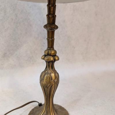 Sale Photo Thumbnail #302: Vintage Brass colored  Candlestick Lamp w/ pleated shade 
base- 4.5" wide
22" tall w/ shade
13.5" tall w/o shade