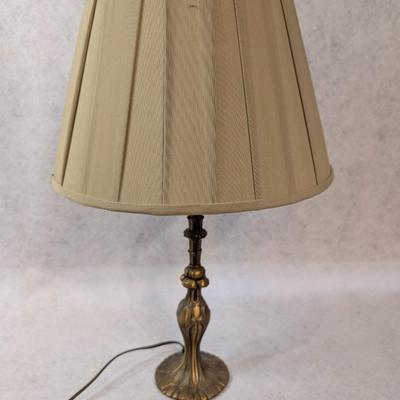Sale Photo Thumbnail #301: Vintage Brass colored  Candlestick Lamp w/ pleated shade 
base- 4.5" wide
22" tall w/ shade
13.5" tall w/o shade