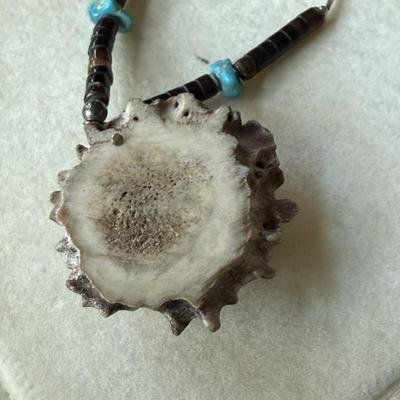 Sale Photo Thumbnail #393: Necklace features heishi and turquoise beads on liquid silver necklace with 16" chain.  
Gorgeous