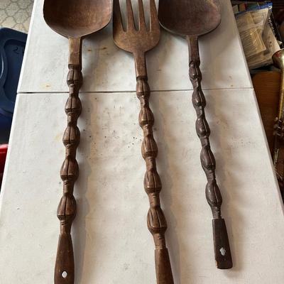 Oversized Hand-Carved Wooden Spoon & Fork Wall Décor – Folk Art, “Communal Cooking Paddle” Style (3–4 Ft)