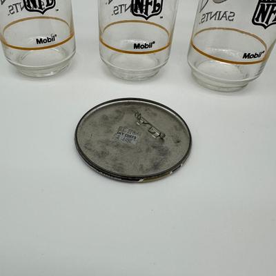 Vintage New Orleans Saints NFL Mobil Glass Tumblers (Set of 3) + Saints Button Pin