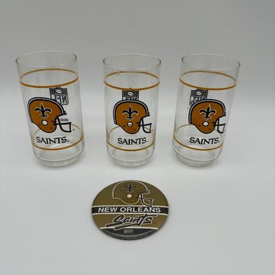 Vintage New Orleans Saints NFL Mobil Glass Tumblers (Set of 3) + Saints Button Pin