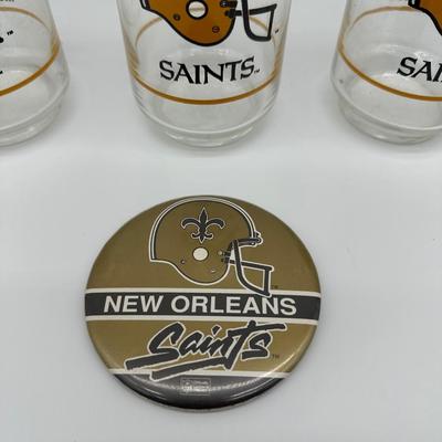 Vintage New Orleans Saints NFL Mobil Glass Tumblers (Set of 3) + Saints Button Pin