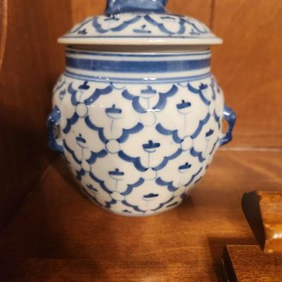 Blue china toothbrush holder