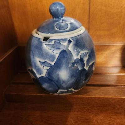 Blue china sugar container