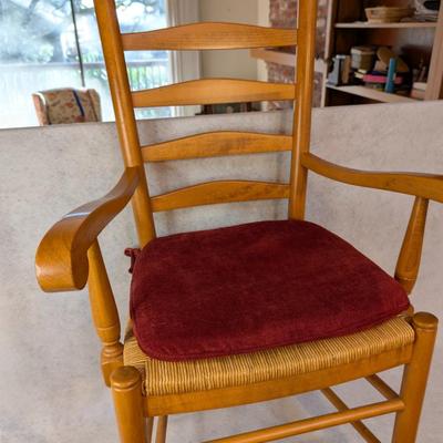 Sale Photo Thumbnail #359: Vintage Maple Shaker style ladder back armchair w/ woven rush seat 
beautiful chair in pristine condition 
42" tall
17" to seat