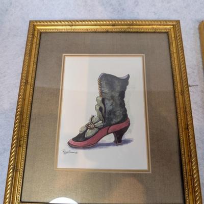 Sale Photo Thumbnail #366: 4 pc shoe decor lot 
contains 3 Peggy Abrams Victorian Shoe Prints 
3 framed shoe prints
1 shoe shaped vase