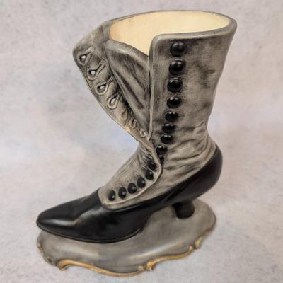 Sale Photo Thumbnail #369: 4 pc shoe decor lot 
contains 3 Peggy Abrams Victorian Shoe Prints 
3 framed shoe prints
1 shoe shaped vase