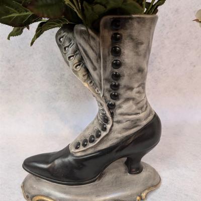 Sale Photo Thumbnail #368: 4 pc shoe decor lot 
contains 3 Peggy Abrams Victorian Shoe Prints 
3 framed shoe prints
1 shoe shaped vase