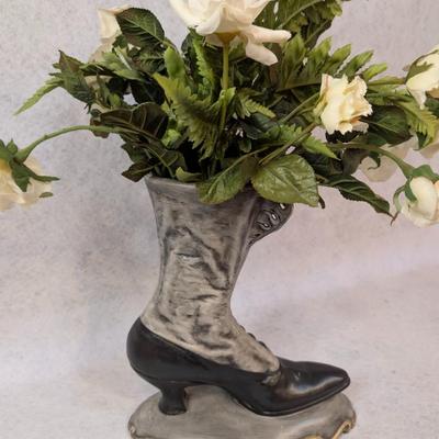 Sale Photo Thumbnail #364: 4 pc shoe decor lot 
contains 3 Peggy Abrams Victorian Shoe Prints 
3 framed shoe prints
1 shoe shaped vase