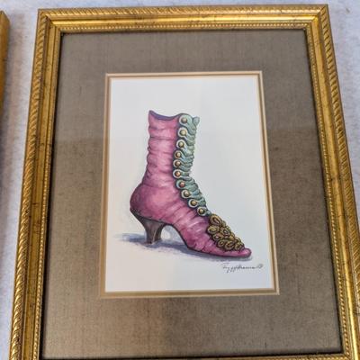 Sale Photo Thumbnail #362: 4 pc shoe decor lot 
contains 3 Peggy Abrams Victorian Shoe Prints 
3 framed shoe prints
1 shoe shaped vase