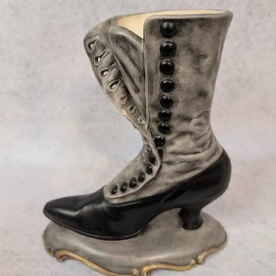 Sale Photo Thumbnail #370: 4 pc shoe decor lot 
contains 3 Peggy Abrams Victorian Shoe Prints 
3 framed shoe prints
1 shoe shaped vase